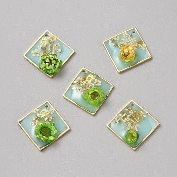 Resin Pendants, Inner Flower Charms, with Light Gold Tone Brass Findings, Rhombus, 24.5x24.5x6~7.5mm, Hole: 1.4mm