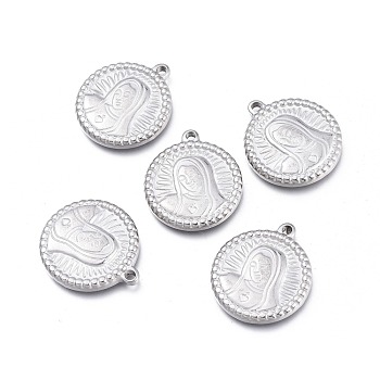 304 Stainless Steel Pendants, Flat Round with Virgin Mary, Stainless Steel Color, 21x18.3x2.8mm, Hole: 1.5mm