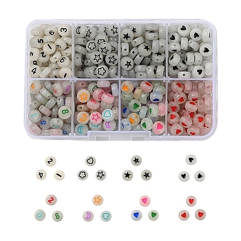 480Pcs 8 Style Flat Round Luminous Acrylic Beads, for DIY Jewelry Making Kits, Mixed Color, 7x3.5~4mm, Hole: 1.2~1.8mm, 60pcs/style