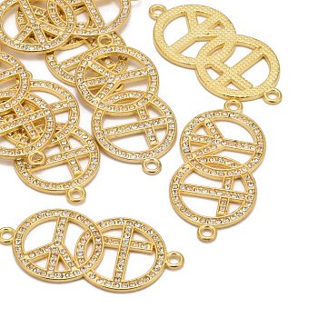 Alloy Rhinestone Links connectors, Cadmium Free & Lead Free, Peace Sign & Flat Round with Cross, Golden Metal Color, Crystal, 44x21x3mm, Hole: 2mm