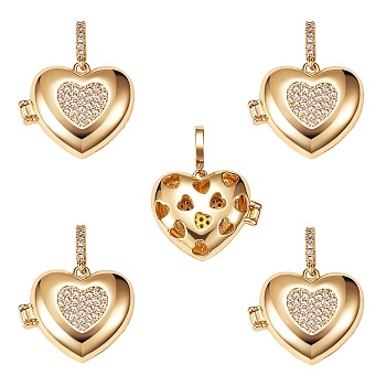 Brass Micro Pave Clear Cubic Zirconia Diffuser Locket Pendants, Long-Lasting Plated, Lead Free & Cadmium Free, Heart with Heart, Real 18K Gold Plated, 19x23x8mm, Hole: 5.5x3mm, 5pcs/box