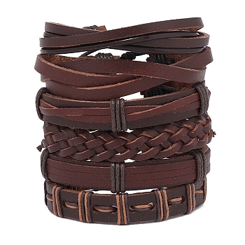 6Pcs 6 Style Adjustable Braided Imitation Leather Cord Bracelet Set with Waxed Cord for Men, Coconut Brown, Inner Diameter: 2-1/8~3-1/8 inch(5.5~8.2cm), 1Pc/style
