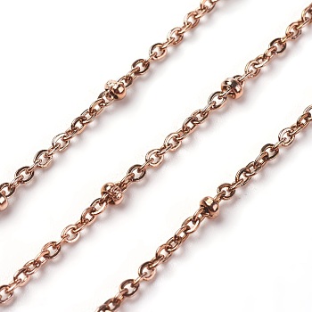 Ion Plating(IP) 304 Stainless Steel Cable Chains, Satellite Chains, with Round Beads, Soldered, with Spool, Flat Oval, Rose Gold, 2x1.6x0.5mm, about 32.8 Feet(10m)/roll