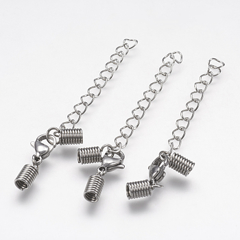 304 Stainless Steel Chain Extender, with Curb Chains, Cord Ends and Lobster Claw Clasps, Stainless Steel Color, 30mm, cord ends: 10.5x5.5mm, inner diameter: 4mm