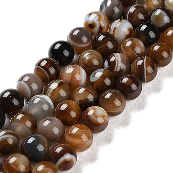 Natural Striped Agate/Banded Agate Beads Strands, Dyed, Round, Sienna, 10mm, Hole: 1.2mm, about 19pcs/strand, 7.60''(19.3cm)