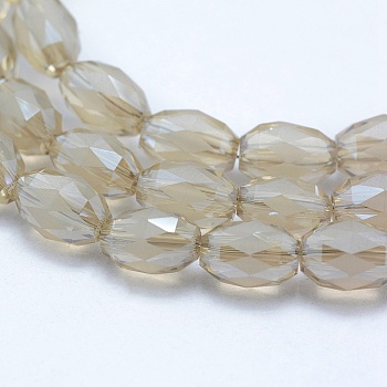 Electroplate Glass Beads, Pearl Luster Plated, Faceted, Oval, Beige, 10.5x7.5mm, Hole: 1.2mm