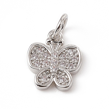 Brass Micro Pave Clear Cubic Zirconia Butterfly Charms, with Open Jump Rings, Platinum, 12.5x10x2mm, Ring: 5x0.8mm, Hole: 3mm