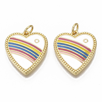 Brass Enamel Pendants, with Jump Rings, Nickel Free, Heart with Rainbow Pattern, Colorful, Real 16K Gold Plated, 20x17.5x3mm, Jump Rings: 5x1mm, 3mm inner diameter.