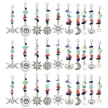 30Pcs 3Style Alloy Pendant Decoration, with Natural Gemstone and Alloy Lobster Claw Clasps, 68~88mm, 3pcs/style