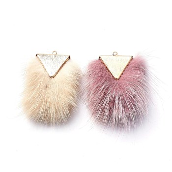 Defective Closeout Sale: Oxidized)Faux Mink Fur Tassel Pendant Decorations, with Brass Findings, Light Gold, Mixed Color, 51x46x17mm, Hole: 1mm