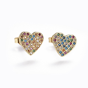 Brass Micro Pave Cubic Zirconia Stud Earrings, Heart, Golden, Colorful, 9.3x8.7x0.6mm, Pin: 0.7mm