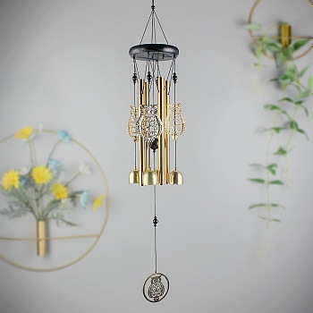 Wood Hanging Wind Chime Decor, with Golden Iron Column Pendants, for Home Hanging Ornaments, Owl, 640x95mm