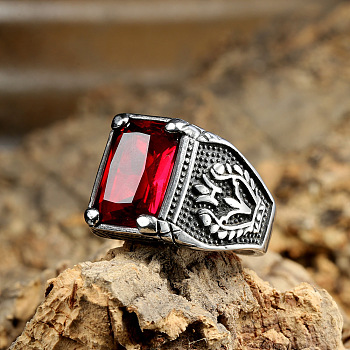 316L Stainless Steel & Cubic Zirconia Men's Vintage Carved Finger Rings, Square, Gothic Statement Rings, Antique Silver, Dark Red, US Size 12(21.4mm)