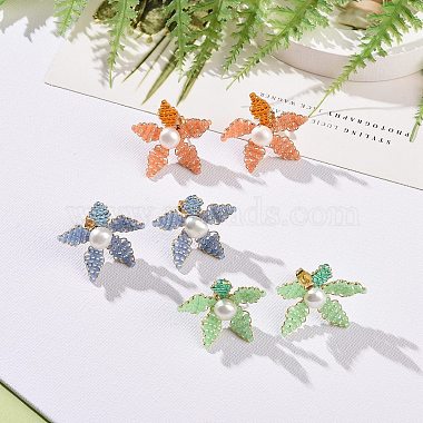 Aretes de perlas naturales y semillas de vidrio trenzadas con cuentas de flores(EJEW-MZ00021)-2