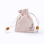 Burlap Packing Pouches, Drawstring Bags, with Wood Beads, Antique White, 10~10.1x8.2~8.3cm(X-ABAG-L006-A-03)