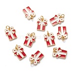 Real 18K Gold Plated Brass Enamel Pendants, with Jump Ring, Cadmium Free & Lead Free, for Christmas, Gift Box, Red, 16x12x1.5mm, Hole: 3.4mm(KK-A154-16G)