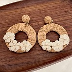 Bohemian Style Raffia & Cloth Dangle Stud Earrings, Ring with Flower, with Imitation Pearl, BurlyWood, 72mm(FS-WG07AB6-01)