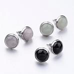 304 Stainless Steel Stud Earrings, with Mixed Natural Dyed Gemstone Cabochon, 16mm, Pin: 0.7mm(EJEW-JE02139)