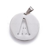 201 Stainless Steel Pendants, Flat Round with Letter, Stainless Steel Color, Letter A, 20x1.3mm, Hole: 4x3mm(STAS-L221-33A)