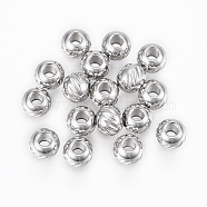 304 Stainless Steel Beads, Round with Twill, Stainless Steel Color, 4x3mm, Hole: 1.2mm(X-STAS-G154-36-4mm)