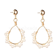 Teardrop Natural Pearl Beads Dangle Stud Earrings for Girl Women, Golden, WhiteSmoke, 56.5mm, Pin: 0.6mm(EJEW-JE04682)