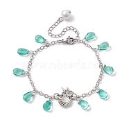 Alloy Starfish Scallop Shell Shape with Glass Teardrop Charm Bracelets, with Brass Chains, for Women, Platinum, 7-1/4 inch(18.5cm)(BJEW-JB09983-02)
