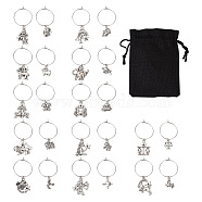 48Pcs 24 Style 12 Constellations Alloy Wine Glass Charms with Rhinestone, with 316 Surgical Stainless Steel Hoop Earring Findings, Antique Silver, 44~57mm, Pin: 0.7mm, 2Pcs/style(AJEW-TAC00002)