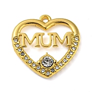 Ion Plating(IP) Real 18K Gold Plated 304 Stainless Steel Rhinestone Pendants, Heart with Word Mum Charms, for Mother's Day, Crystal, 19x19x3mm, Hole: 1.5mm(STAS-P341-08G-01)