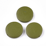 Painted Natural Wood Beads, Flat Round, Olive, 19~20x4~5mm, Hole: 2mm(WOOD-S049-02C-05)