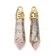 Bullet Natural Rhodonite Pendants, with Platinum Tone Alloy Findings, 33~40x8~10mm, Hole: 3x2mm(G-E332-C42-G)