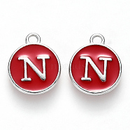 Platinum Plated Alloy Enamel Charms, Cadmium Free & Lead Free, Enamelled Sequins, Flat Round with Letter, Red, Letter.N, 14x12x2mm, Hole: 1.5mm(ENAM-S118-03N-P)