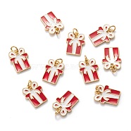 Real 18K Gold Plated Brass Enamel Pendants, with Jump Ring, for Christmas, Gift Box, Red, 16x12x1.5mm, Hole: 3.4mm(KK-A154-16G)
