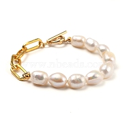 Natural Baroque Pearl Keshi Pearl Beaded Bracelets, with Iron Paperclip Chains and 304 Stainless Steel Toggle Clasps, Golden, 7.28~7.68 inch(18.5~19.5cm)(X-BJEW-JB05317)