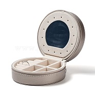 Round PU Imitation Leather Jewelry Storage Zipper Boxes, Portable Travel Case with Mirror, for Necklace, Ring Earring Holder, Gift for Women, Silver, 9x11x5.5cm(PAAG-PW0003-07B)