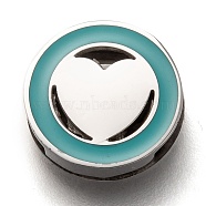 304 Stainless Steel Slide Charms, Enamel Style, Flat Round with Heart, Dark Turquoise, Stainless Steel Color, 12x3.5mm, Hole: 8x1.5mm(STAS-P270-05P-01)
