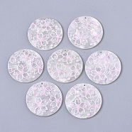 Cellulose Acetate(Resin) Pendants, 3D Printed, Flat Round, Sakura Flower Pattern, Pearl Pink, 39x2.5mm, Hole: 1.6mm(KY-S163-019D)