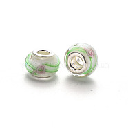 Handmade Lampwork European Beads, Bumpy, Large Hole Rondelle Beads, with Platinum Tone Brass Double Cores, with Flower Pattern, Floral White, 14~16x9~10mm, Hole: 5mm(LPDL-N001-085-B10)