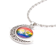 Rainbow Pride Necklace, Flat Round with Pattern & Moon Pendant Necklace for Men Women, Antique Silver & Platinum, Gender Symbol, 18.31 inch(46.5cm)(NJEW-F291-01G)