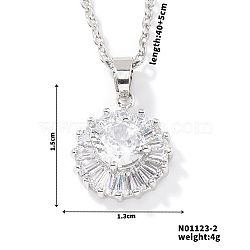 Brass Pave Cubic Zirconia Geometric Flat Round Pendant Necklaces, Silver Color Plated, Clear, 15.75 inch(40cm)(TG3977-2)