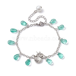 Alloy Starfish Scallop Shell Shape with Glass Teardrop Charm Bracelets, with Brass Chains, for Women, Platinum, 7-1/4 inch(18.5cm)(BJEW-JB09983-02)