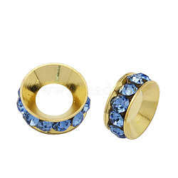 Brass Rhinestone Spacer Beads, Grade A, Rondelle, Golden Metal Color, Light Sapphire, 9x4mm, Hole: 4mm(RB-A020-9mm-04G)