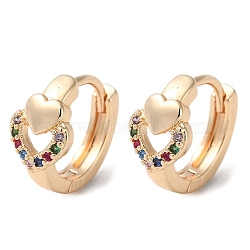 Rack Plating Brass Micro Pave Colorful Cubic Zirconia Hoop Earrings, Hollow Heart, Light Gold, 13x7.5mm(EJEW-P238-10KCG)