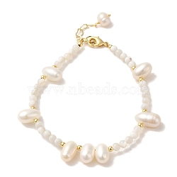 Natural Pearl & Shell Beaded Bracelets, with Brass Clasps, Real 14K Gold Plated, 6-7/8 inch(17.5cm)(BJEW-C051-19G)