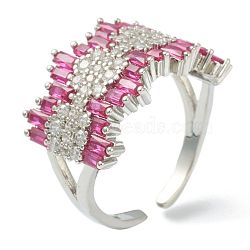 Brass Micro Pave Cubic Zirconia Cuff Rings, Open Rings, Deep Pink, Platinum, US Size 6, Inner Diameter: 17mm(RJEW-G113-07P)