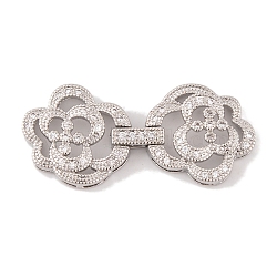 Rack Plating Brass Micro Pave Clear Cubic Zirconia Fold Over Clasps, Long-Lasting Plated, Lead Free & Cadmium Free, Flower, Platinum, 40mm, Flower: 18.5x17.5x5mm, Clasp: 24x17.5x4.8mm(KK-K367-11P)