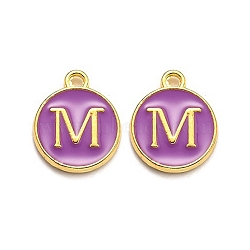 Golden Plated Alloy Enamel Charms, Enamelled Sequins, Flat Round with Alphabet, Letter.M, Purple, 14x12x2mm, Hole: 1.5mm(ENAM-Q437-12M)