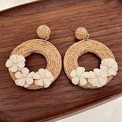 Bohemian Style Raffia & Cloth Dangle Stud Earrings, Ring with Flower, with Imitation Pearl, BurlyWood, 72mm(FS-WG07AB6-01)