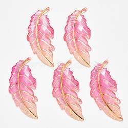 Transparent Acrylic Big Pendants, with Plated Bottom, Leaf, Pink, 61.5x27x4mm, Hole: 1.2mm(TACR-R140-03D)