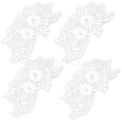 4Pcs Polyester Computerized Embroidered Appliques, with Rhinestone & Resin Bead, Flower, White, 263x131x6.5mm(DIY-CY0003-44)