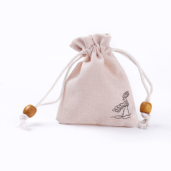 Burlap Packing Pouches, Drawstring Bags, with Wood Beads, Antique White, 10~10.1x8.2~8.3cm